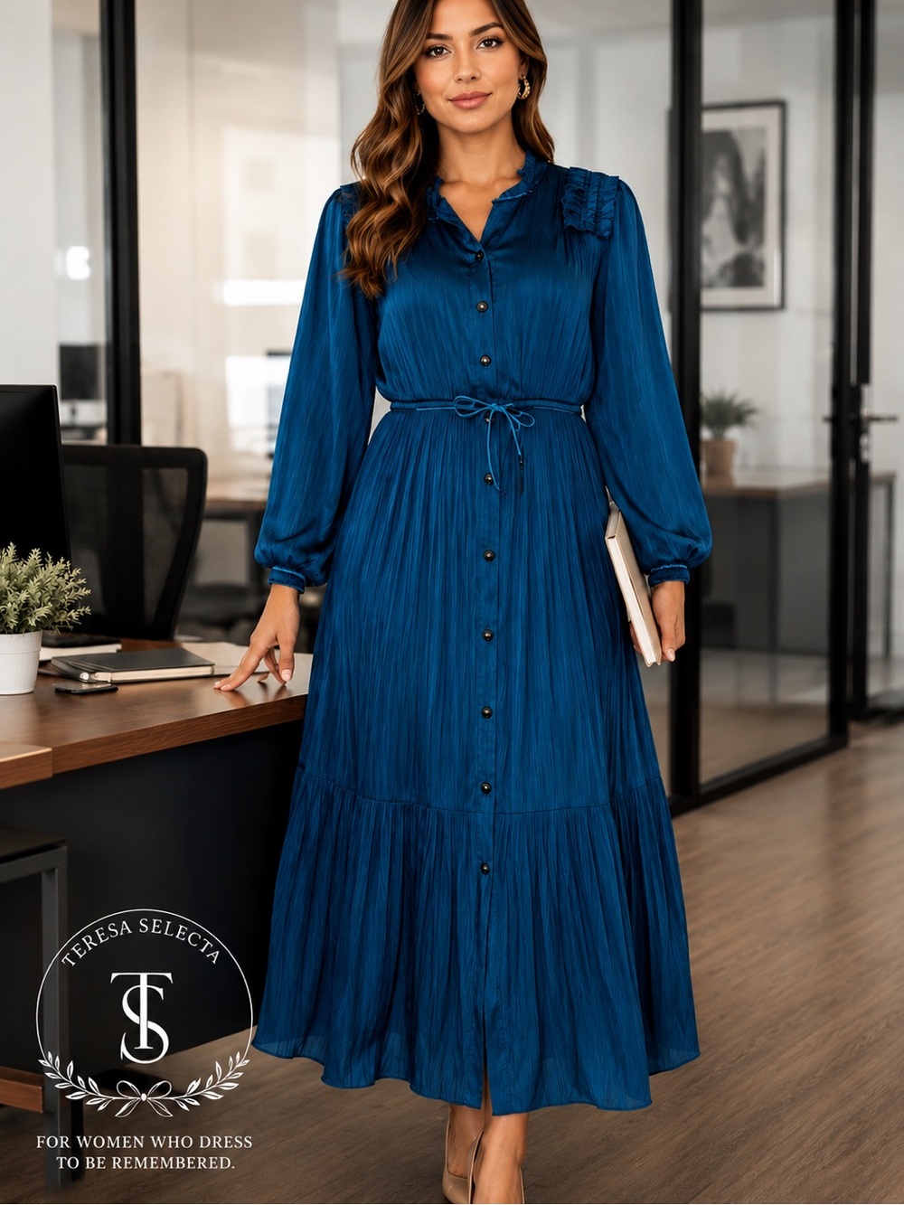 NWT Chico’s Crinkle Satin Midi Dress Teal Blue Ruffle Trim Drawstring Size 2.5